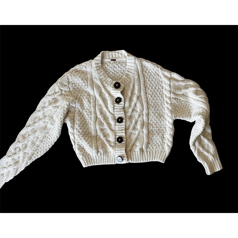 Free People Bonfire Cable Knit Crop Cardigan Sweater, Wood Buttons Ivory Cream M